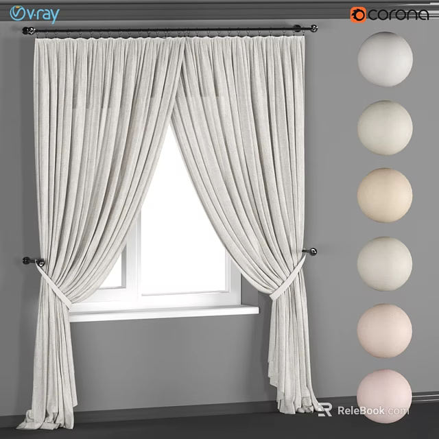 Light Colored Pleated Window Curtains With Tiebacks And Neutral Toned Decorative Spheres 3d model 