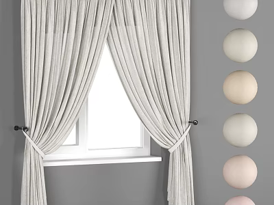 Light Colored Pleated Window Curtains With Tiebacks And Neutral Toned Decorative Spheres 3d model