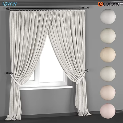 Light Colored Pleated Window Curtains With Tiebacks And Neutral Toned Decorative Spheres 3d model