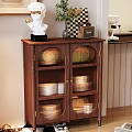 Wooden Dark Brown Dining Sideboard With Lattice Doors Storage And Decorative Statue Vase Green Plant