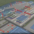 Birds Eye View Planning of Industrial Zone With Warehouses Docks And River Surrounded By Trees
