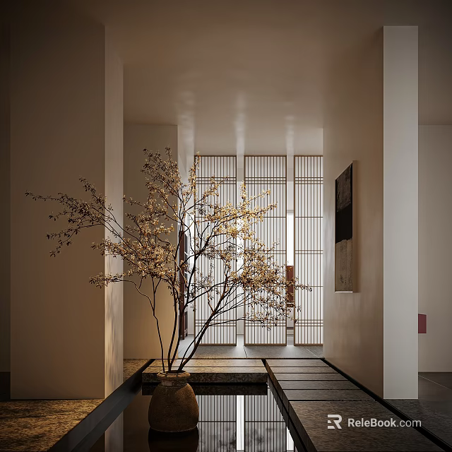 Serene Entryway Hallway With Shoji Screen Blossoming Cherry Tree And Warm Lighting 3d model 