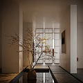 Serene Entryway Hallway With Shoji Screen Blossoming Cherry Tree And Warm Lighting
