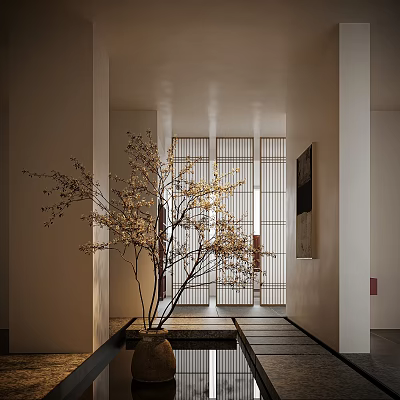 Serene Entryway Hallway With Shoji Screen Blossoming Cherry Tree And Warm Lighting 3d model