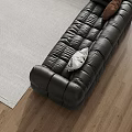 Modern Black Leather Large Sofa With Accent Pillows Round Coffee Table And Wooden Cabinet Decor
