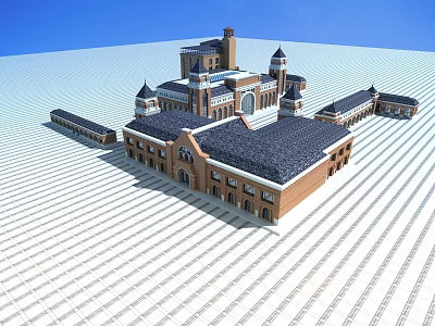Classical Office Building With Red Brick Exterior Dark Roof Spires And Open Space 3d model