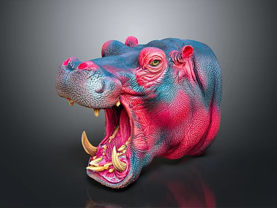 Vibrant Blue and Pink Hippo Head with Open Mouth and Exposed Teeth 3d model