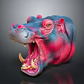 Vibrant Blue and Pink Hippo Head with Open Mouth and Exposed Teeth