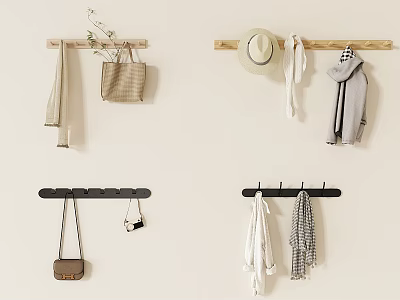 Wooden and Black Wall Hooks Hanging Bags Hat Scarves and Clothes for Home Organization 3d model
