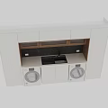 Modern Laundry Room Interior With White Cabinets Wooden Shelves Black Countertop And Laundry Appliances