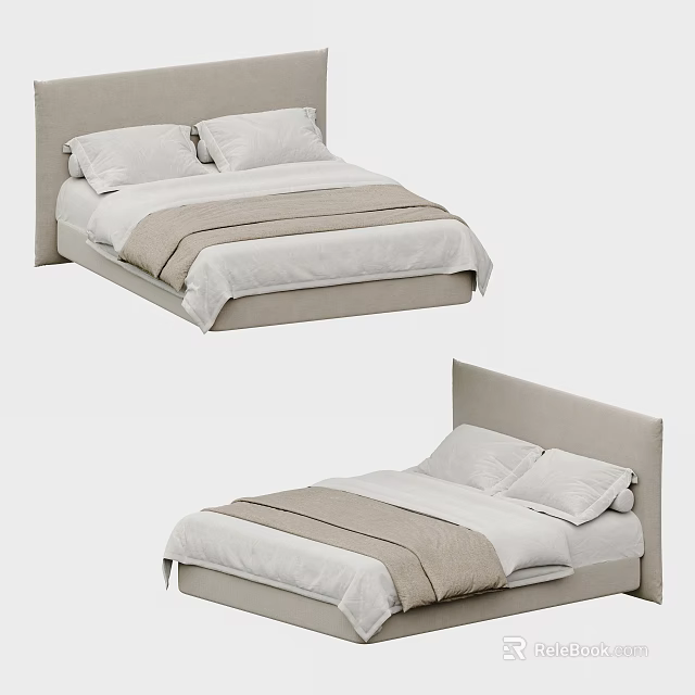 Modern Double Bed Design With Upholstered Headboard Light Bedding And Striped Bed Runner 3d model