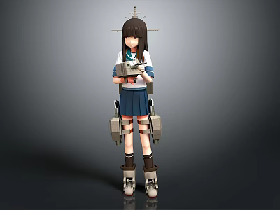 Anime Style Game Movie Character With Long Hair Wearing School Uniform And Mechanical Armor 3d model