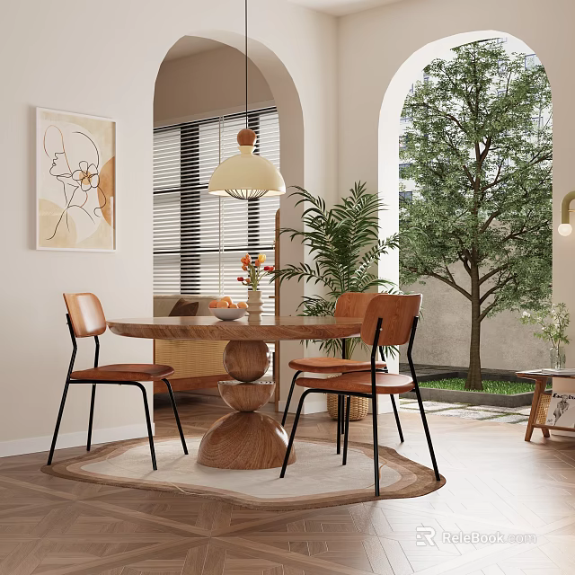 Round Dining Table Set With Wooden Base Brown Chairs Black Legs And Hanging Lamp 3d model 