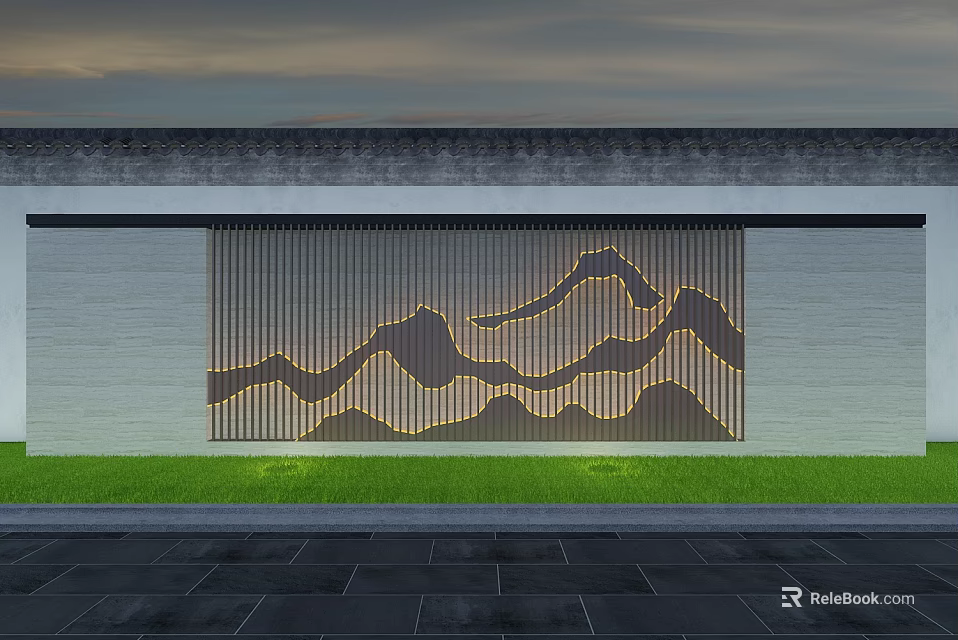 Modern Garden Landscape With Illuminated Perforated Mountain Pattern Screen And Green Grass 3d model 
