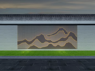 Modern Garden Landscape With Illuminated Perforated Mountain Pattern Screen And Green Grass 3d model