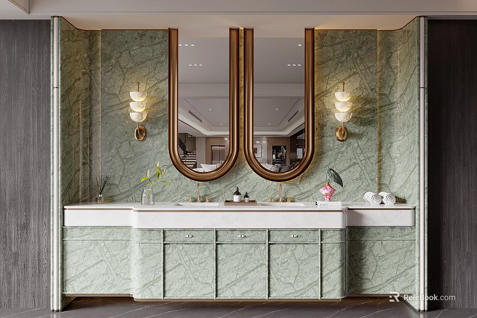 Elegant Modern Bathroom Vanity With Double Mirrors And Green Marble Walls 3d model 