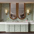 Elegant Modern Bathroom Vanity With Double Mirrors And Green Marble Walls