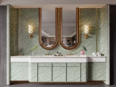 Elegant Modern Bathroom Vanity With Double Mirrors And Green Marble Walls 3d model