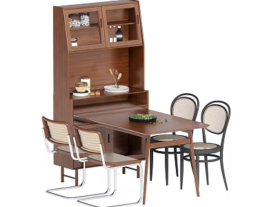 Modern Wooden Dining Table Set With Four Chairs Tall Cabinet And Decorative Items 3d model