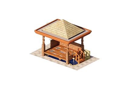 Garden Landscape Featuring Wooden Pavilion With Sloped Roof And Stone Base Wooden Seating And Steps 3d model