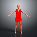 Woman In Red Dress Standing With Arms Outstretched Against Gray Background In High Heels