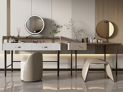 Modern Dressing Tables With Round Mirrors Beige Stools Green Plants And Striped Drawers 3d model