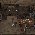 Rustic Interior Featuring Brick Walls Wooden Barrels Round Dining Table Chairs Fireplace And Wooden Shelves