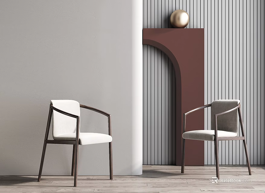 Two Modern Leisure Chairs With Wooden Frame Light Upholstery In Stylish Interior With Striped Wall 3d model 