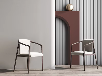 Two Modern Leisure Chairs With Wooden Frame Light Upholstery In Stylish Interior With Striped Wall 3d model