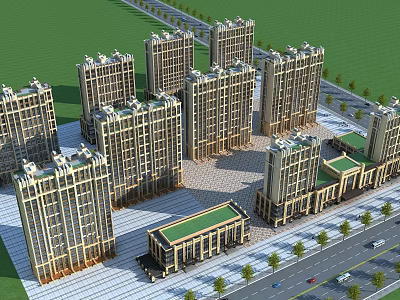Aerial Planning of Residential Complex with High Rise Buildings Green Spaces and Surrounding Roads 3d model