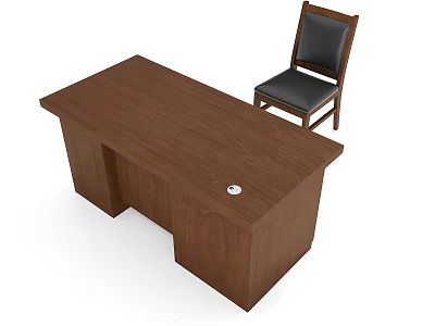 Walnut Wooden Office Desk Featuring Leather Seat Chair And Circular Cable Hole In Home Office 3d model