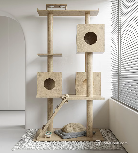 Modern Wooden Cat Tree With Multi Level Design And Cozy Condos Near Window 3d model 