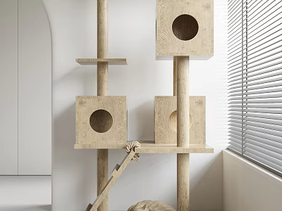 Modern Wooden Cat Tree With Multi Level Design And Cozy Condos Near Window 3d model