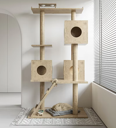 Modern Wooden Cat Tree With Multi Level Design And Cozy Condos Near Window 3d model