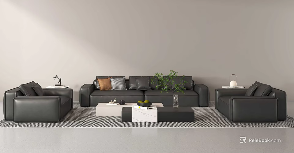 Modern Black Sofa and Coffee Table Set With Decorative Pillows Green Plant and Side Tables 3d model