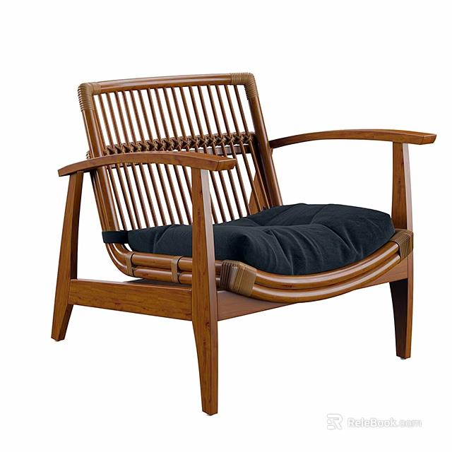 Modern Wooden Frame Leisure Chair With Woven Backrest And Black Cushion 3d model 