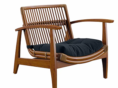 Modern Wooden Frame Leisure Chair With Woven Backrest And Black Cushion 3d model