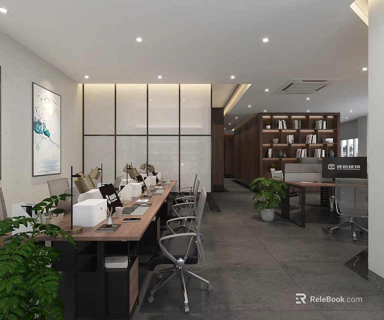 Modern Public Office Space With Long Desks Ergonomic Chairs Green Plants Bookshelves And Artwork 3d model 