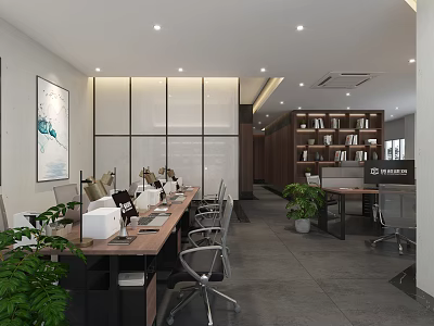 Modern Public Office Space With Long Desks Ergonomic Chairs Green Plants Bookshelves And Artwork 3d model