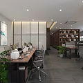 Modern Public Office Space With Long Desks Ergonomic Chairs Green Plants Bookshelves And Artwork
