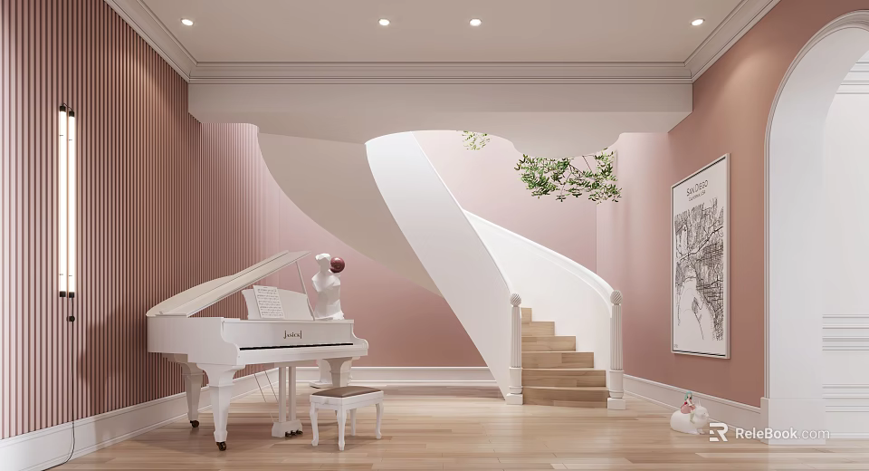 Elegant Piano Room Interior With White Piano Spiral Staircase Pink Walls And Wooden Floors 3d model 