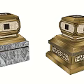 Two Golden Outdoor Lights With Intricate Decorative Design And Marble Base