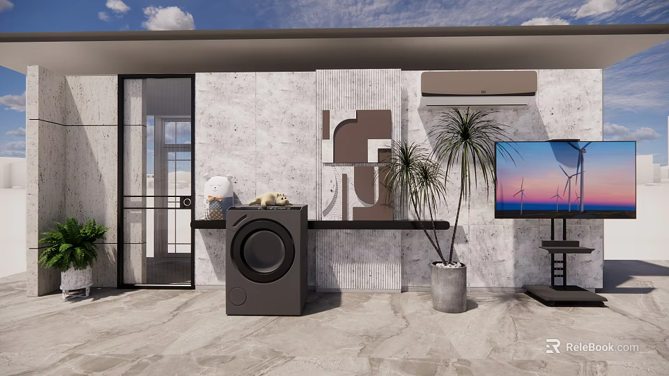 Modern Washing Machine In Balcony With Textured Wall Palm Plant And TV 3d model 