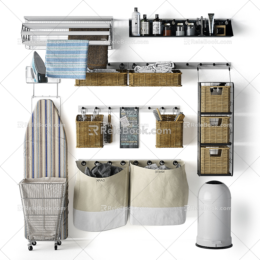 Modern Bathroom Small Towels Ironing Board Iron Storage Basket Bag Trash Bin Rack Life Supplies 3d model