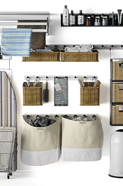 Bathroom Accessories With Wall Hooks Storage Baskets Hanging Racks Towels And Laundry Bags 3d model