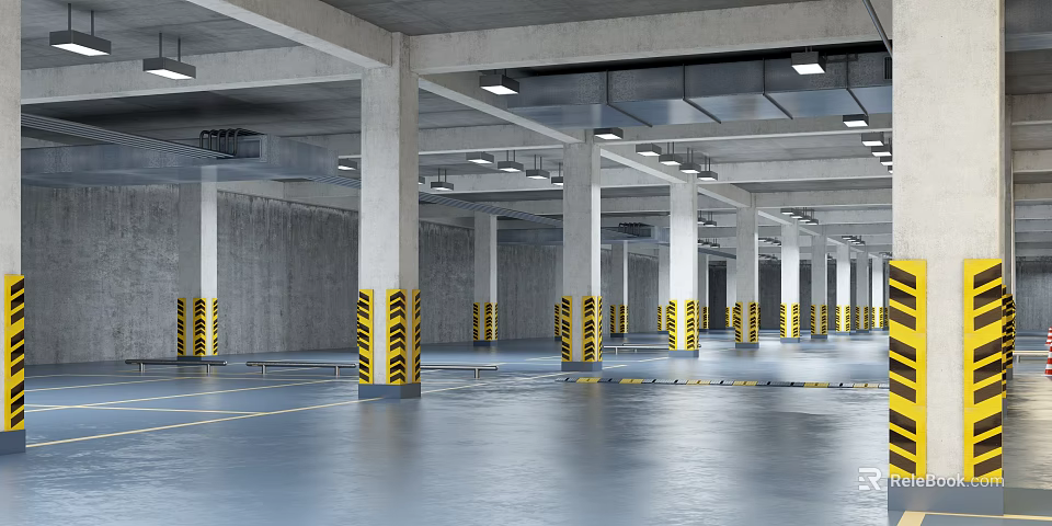 Concrete Parking Garage With Columns Yellow Black Warning Stripes Smooth Floor And Ceiling Lights 3d model 