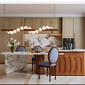 Modern Dining Room Interior With Marble Countertop Wooden Cabinets Pendant Lights And Vase With Flowers