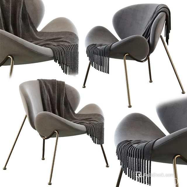 Modern Gray Velvet Accent Chair With Curved Arms Golden Metal Legs And Fringe Throw Blanket 3d model 