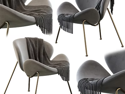 Modern Gray Velvet Accent Chair With Curved Arms Golden Metal Legs And Fringe Throw Blanket 3d model