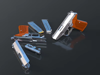 Metallic Pistol Weapon with Multiple Magazines and Metal Parts Displayed on Black Surface 3d model